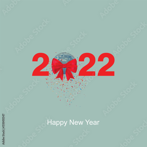 2022 happy New Year earth globe with ribbon and confettis