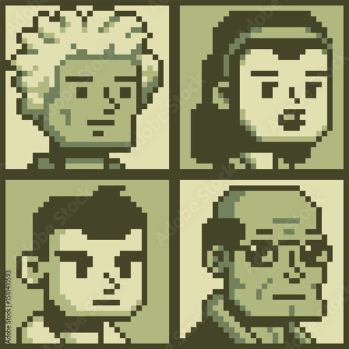 Pixel art people character set, man, woman, girl, guy, avatar, social net portrait, profile picture. Design of 80s. Game assets. 8-bit. Isolated vector illustration background.