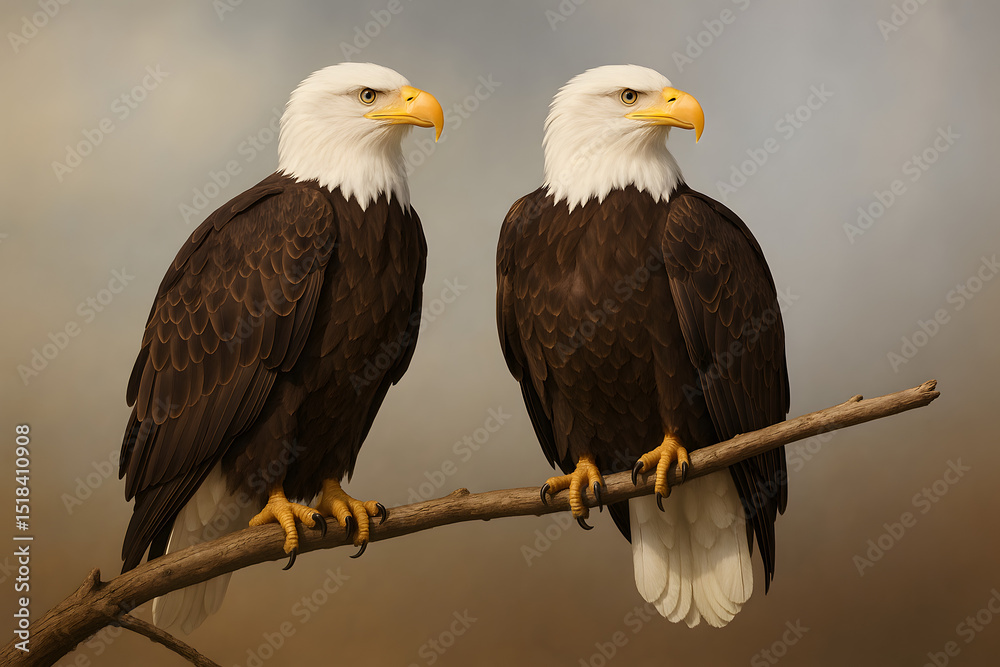 Obraz premium Two bald eagles perched on dry tree branch, majestic birds of prey with white heads and yellow beaks, wildlife conservation scene in natural habitat, powerful raptors symbolizing freedom and strength