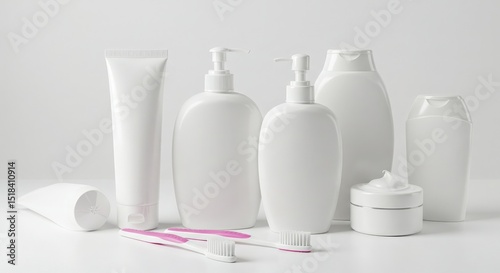 Minimal white cosmetic containers on clean background with pink soap for skincare branding 