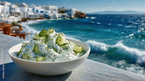 Fototapeta Naklejka Na Ścianę i Meble -  Fresh Greek tzatziki dip served with a view of the beautiful coastline