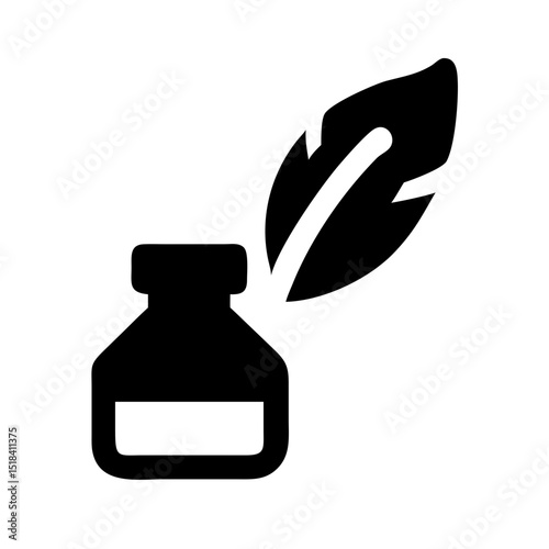 Quill pen and ink bottle icon. Classic writing instrument, feather quill dipped in inkwell.  Perfect quill and ink design for elegant stationery, logo, or website icon.