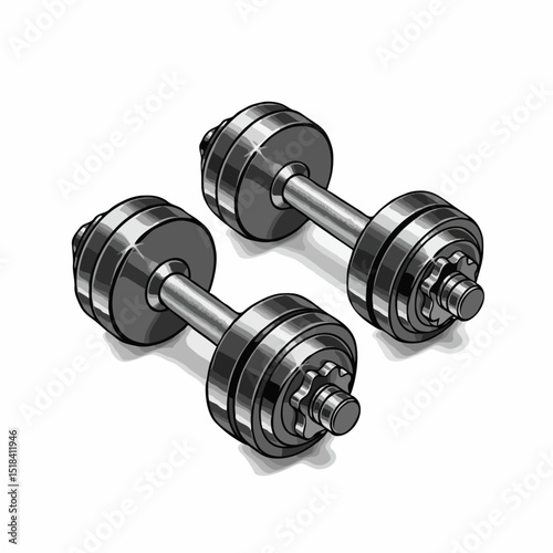 Pair of metallic silver adjustable dumbbells in a realistic illustration style for fitness and weightlifting on an isolated white background with spaces for text