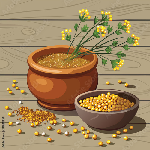 Mustard Seeds and Herbs on Wooden Table Illustration