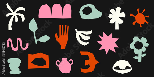 Organic hand drawn bohemian cutout shapes in vintage retro colors. Flowers, birds, ceramic vases doodle playful set. Vector design boho elements
