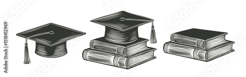 Vector Illustration of Graduation Cap With Books Depicting Education Themes, Styled With Monochromatic Design as a Symbol of Learning and Academic Achievement