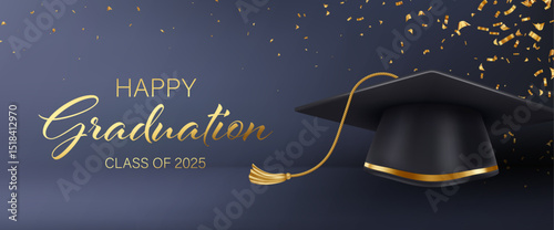 Graduation Cap Illustration with Festive Gold Confetti Background for Class of 2025 Celebration
