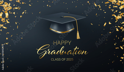 Elegant Graphic of Graduation Cap With Golden Decorations and Happy Graduation Class Of 2025 Message