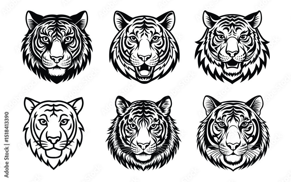 Obraz premium Stylized vector illustration of a wild tiger's head, perfect for tattoos or logos.