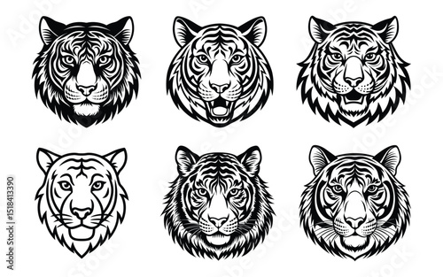 Stylized vector illustration of a wild tiger's head, perfect for tattoos or logos.