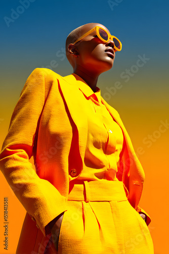 Bold Woman in Yellow Suit and Sunglasses Against Vibrant Background, Fashion, Monochromatic, Modern, Striking