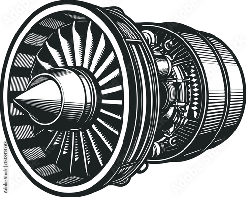 Detailed black and white vector illustration of a jet engine turbine. Complex mechanical parts and precision design showcase aviation technology. Ideal for aerospace engineering visuals.