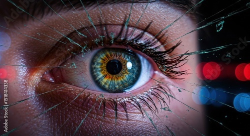 Artistic closeup of a human eye with futuristic digital elements and glowing red light technology 