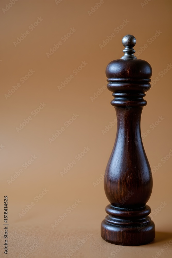 Sophisticated Pepper Mill: A meticulously crafted wooden pepper mill stands as a testament to classic design, its rich tones and elegant form a striking contrast against the muted backdrop. Sophisticated Pepper Mill: A meticulously crafted wooden pepper mill stands as a testament to classic design, its rich tones and elegant form a striking contrast against the muted backdrop.