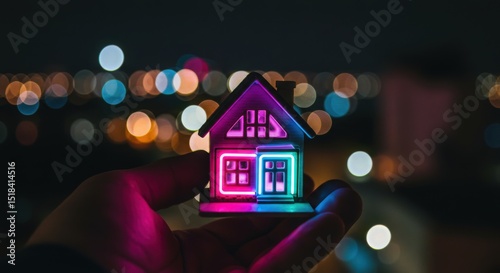 Hands holding smart home icon with colorful house lights on dark bokeh background for tech concept 