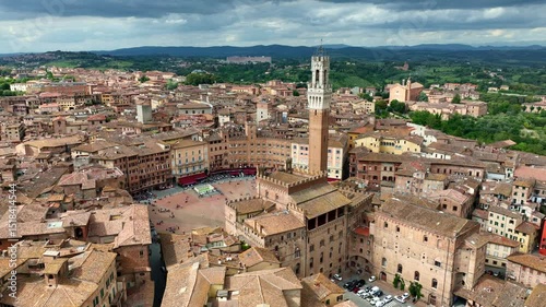 Siena old town, Italy, Aerial view of historic medieval buildings and rooftops in Siena, Tuscany region, Italy, drone shot of Piazza del Campo in Siena