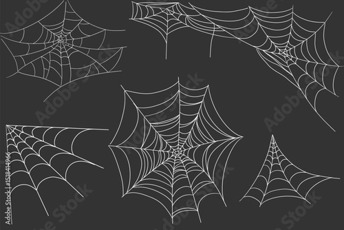 Spiderweb corner line white border, gothic scary hanging net frame on dark background. Simple spooky halloween decoration. Cobweb spider trap.