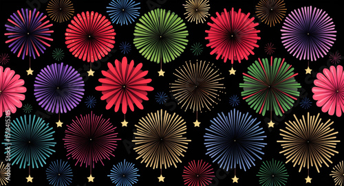 Vibrant Digital Fireworks Display with Symmetrical Composition
