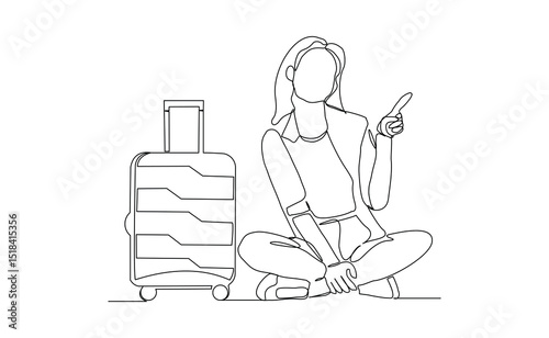 Continuous line drawing of traveler woman with luggage. Single one line art sketch editable stroke concept of tourist walking with suitcase. Vector illustration
