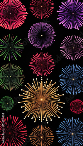 Vibrant Digital Fireworks Display with Symmetrical Composition