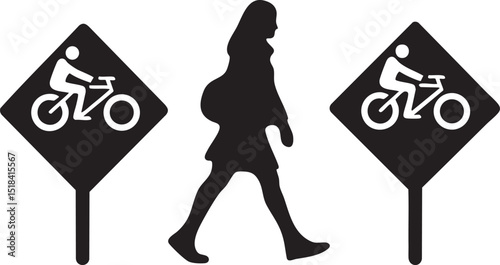 Silhouette of a woman walking between two bicycle lane road signs indicating bike traffic on both sides