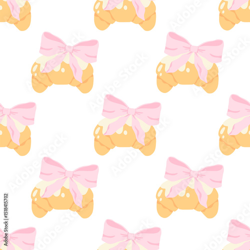 Flirty croissant with pink bow seamless vector pattern. Cute cartoon blush pastry with trendy decoration. Perfect for kids clothing, nursery wallpaper, stationery and textiles in sweet pastel style.