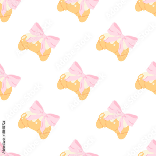 Flirty croissant with pink bow seamless vector pattern. Cute cartoon blush pastry with trendy decoration. Perfect for kids clothing, nursery wallpaper, stationery and textiles in sweet pastel style.