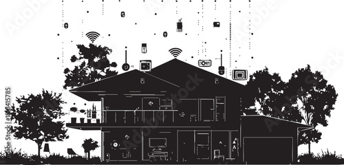 Silhouette of a modern smart home with connected devices and wireless technology icons