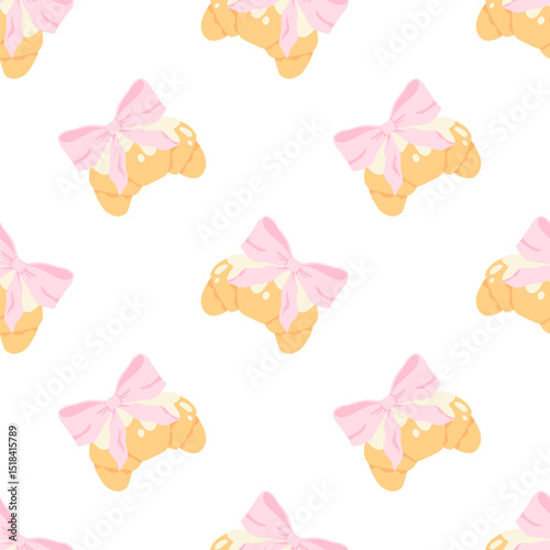 Flirty croissant with pink bow seamless vector pattern. Cute cartoon blush pastry with trendy decoration. Perfect for kids clothing, nursery wallpaper, stationery and textiles in sweet pastel style.