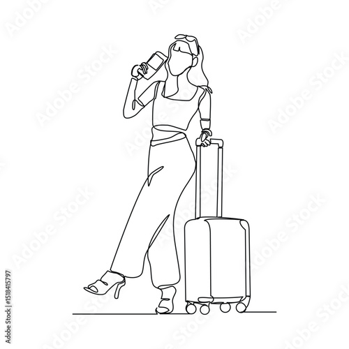 Continuous line drawing of traveler woman with luggage. Single one line art sketch editable stroke concept of tourist walking with suitcase. Vector illustration