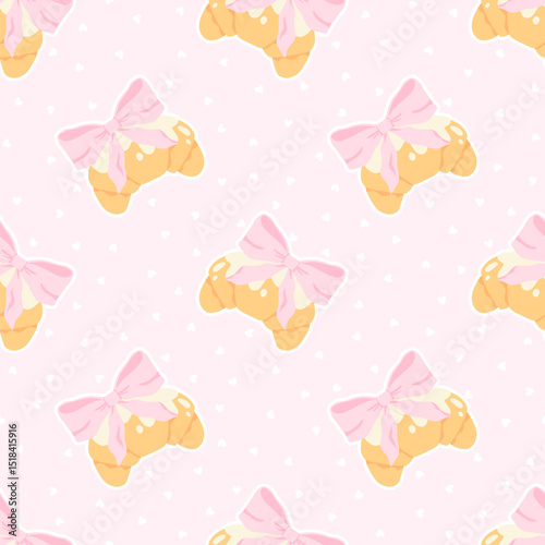 Flirty croissant with pink bow seamless vector pattern. Cute cartoon blush pastry with trendy decoration. Perfect for kids clothing, nursery wallpaper, stationery and textiles in sweet pastel style.
