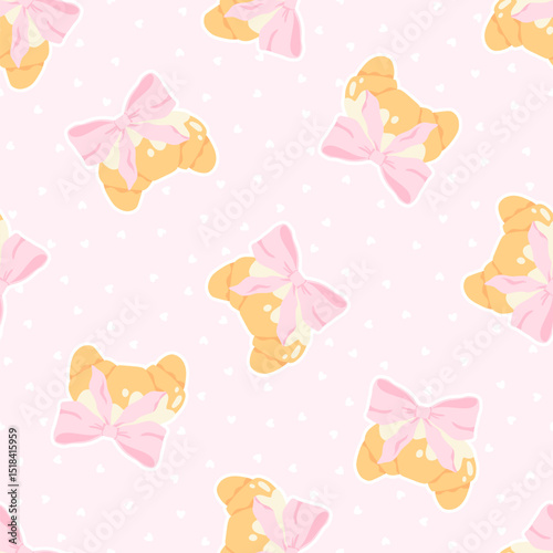 Flirty croissant with pink bow seamless vector pattern. Cute cartoon blush pastry with trendy decoration. Perfect for kids clothing, nursery wallpaper, stationery and textiles in sweet pastel style.