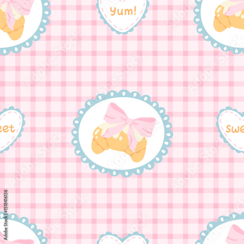 Seamless vector pattern featuring flirty croissants with bows on a pink gingham background and blue frilly frames. Perfect for girly stationery, textiles, nursery decor, and cute scrapbooking designs.