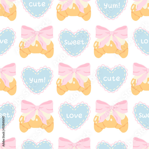 Seamless vector pattern with croissants, pink bows, and stitched candy hearts with love words. Perfect for Valentines Day wrapping, fabric, stationery, and cute seasonal packaging.