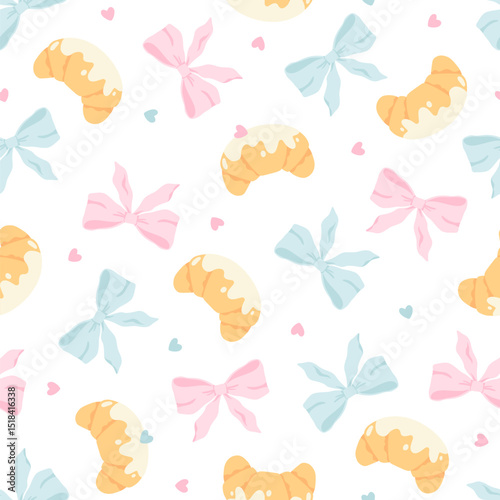 Flirty croissant with pink bow seamless vector pattern. Cute cartoon blush pastry with trendy decoration. Perfect for kids clothing, nursery wallpaper, stationery and textiles in sweet pastel style.