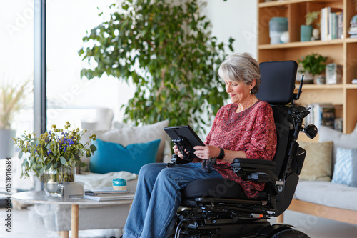 independent elderly woman reading tablet while seated in sleek power wheelchair, comfortable living room environment