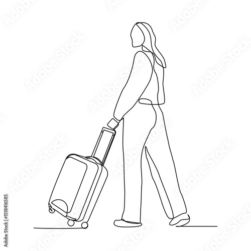 Continuous line drawing of traveler woman with luggage. Single one line art sketch editable stroke concept of tourist walking with suitcase. Vector illustration