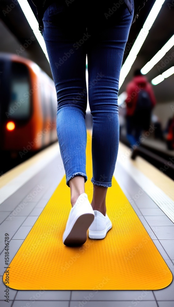 Fototapeta premium A person in jeans and sneakers walks along a bright yellow tactile paving path in a subway station