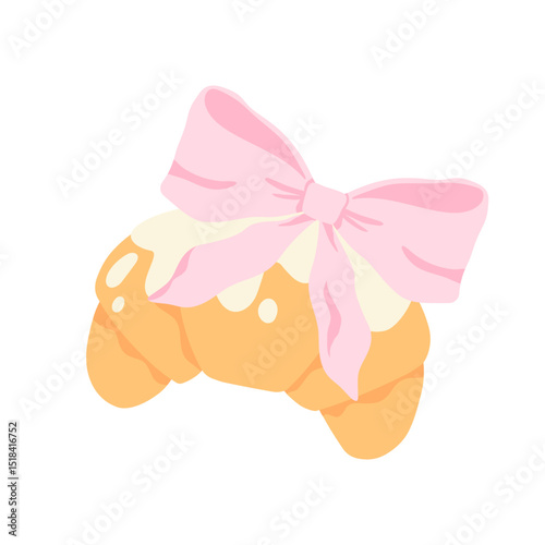 Flirty croissant with pink bow and vanilla icing in trendy kawaii style. Isolated vector on white background. Great for stickers, packaging, kids goods, prints, and sweet-themed products.