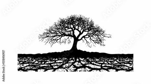 Silhouette of a leafless tree with visible roots on cracked dry soil symbolizing drought and arid conditions
