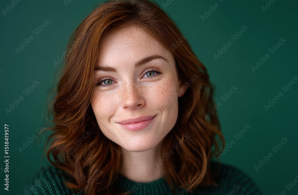 Woman smiles at camera with freckles. Headshot, portrait, redhead, beauty, skin, complexion, freckles, confident Woman smiles at camera with freckles. Headshot, portrait, redhead, beauty, skin, complexion, freckles, confident
