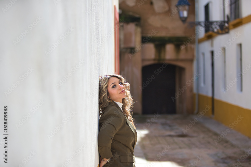 Fototapeta premium Blonde woman with curly hair, young and beautiful, rests her back and hands on a white wall. The woman is happy and serene.