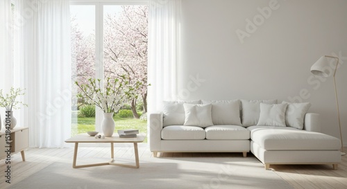 Bright modern living room with white couch and window view of winter trees for home interior design 