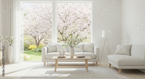 Bright modern living room with white couch and window view of winter trees for home interior design 