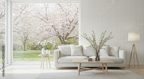 Bright modern living room with white couch and window view of winter trees for home interior design 