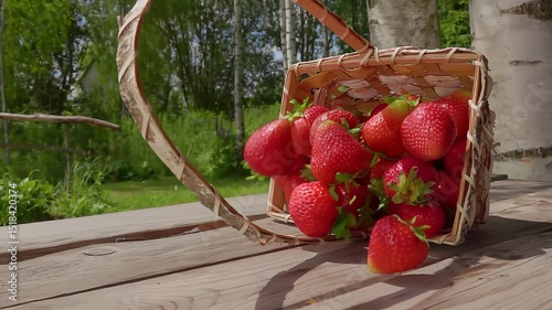 A basket of fresh strawberries tips over on a wooden table on a sunny day. High quality FullHD footage