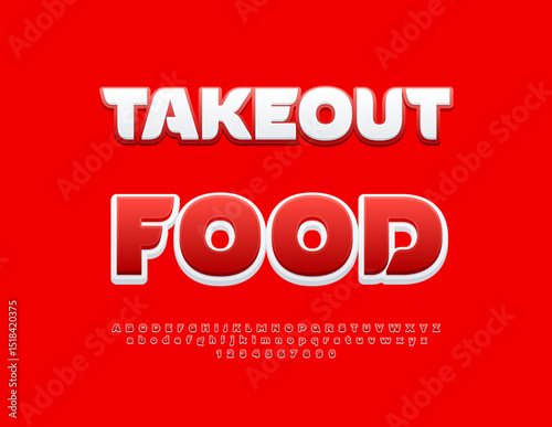 Vector Bright banner Takeout Food. Modern Red Font. Elegant Alphabet Letters and Numbers set