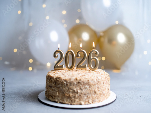 number 2026 candle on a two thousand twenty-six year birthday or anniversary cake celebration with balloons	