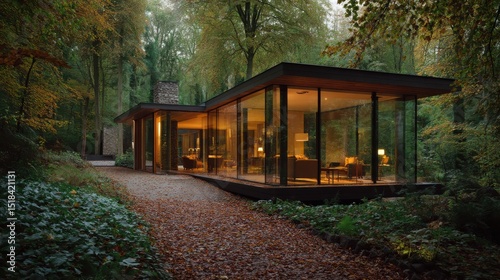 Modern Minimalist Forest House with Large Glass Windows, Seamlessly Integrated into Lush Woodland, Tranquil Architectural Design with Soft Natural Light and Background Noise.