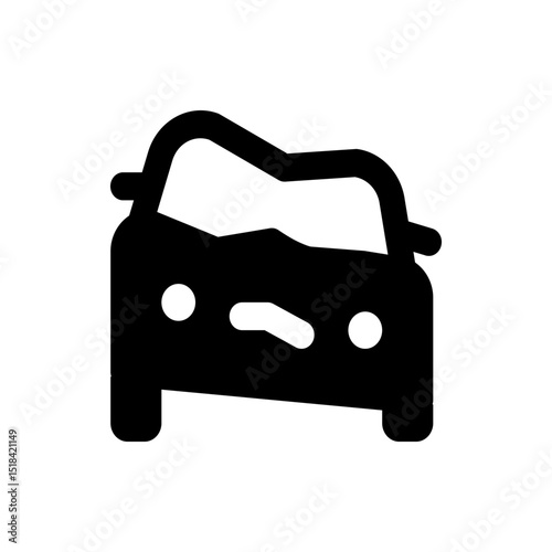 A simplified black silhouette of a car with rounded features and a damaged front end is displayed here